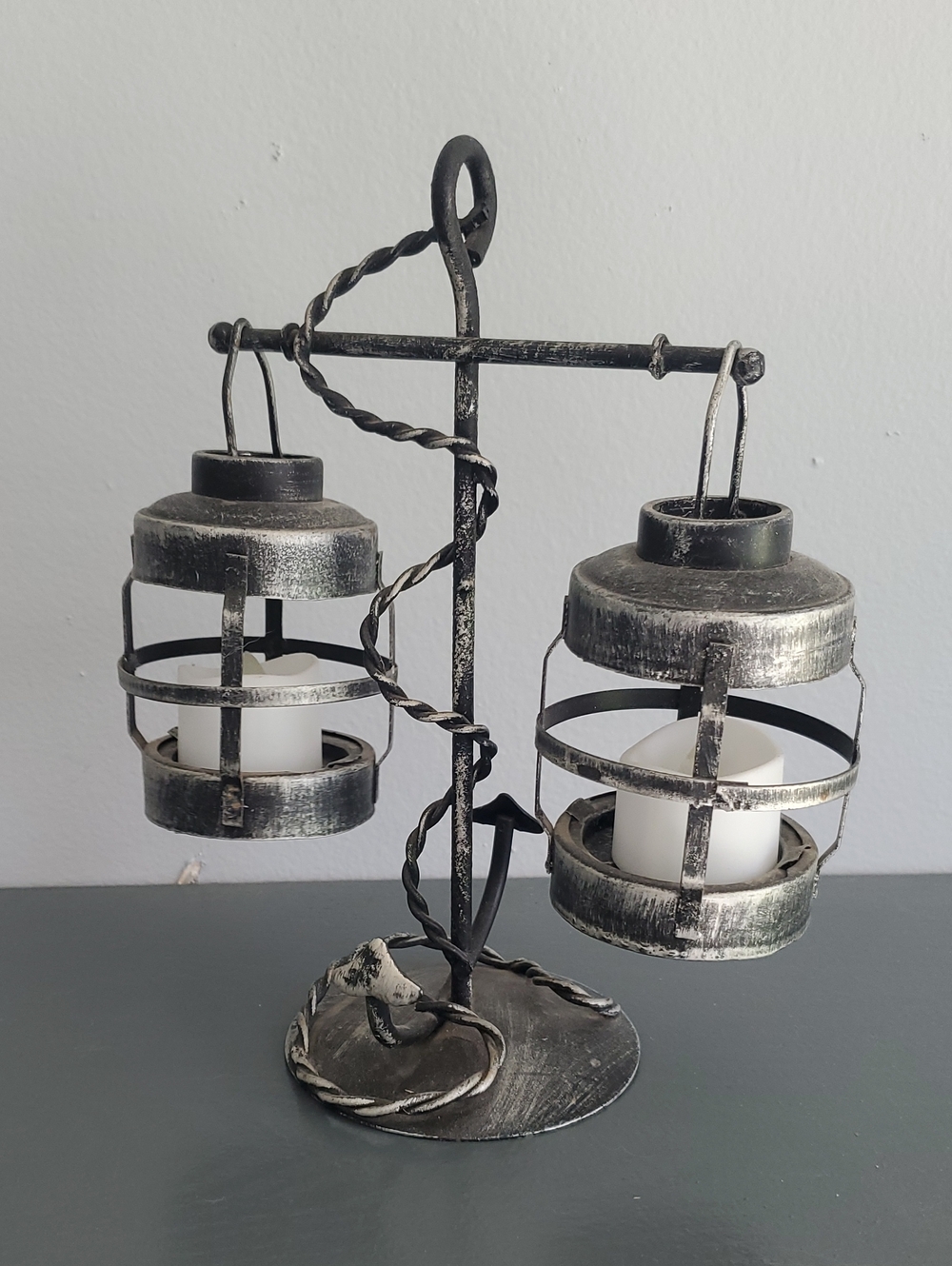 Rustic Black and Silver Double Lantern Candle Holder - Unbranded